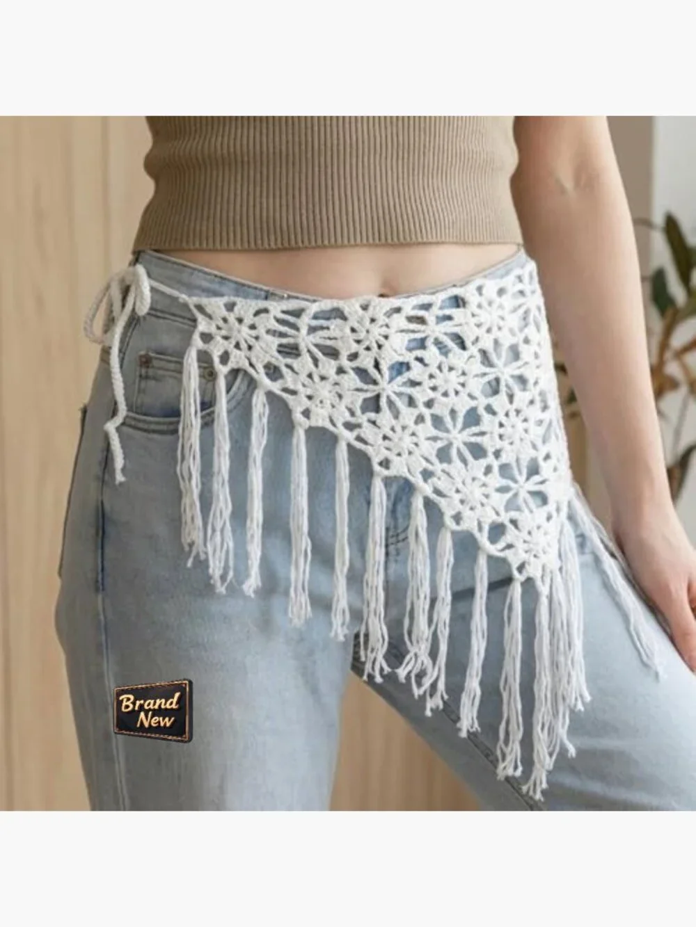 Crochet Fringe Tie Waist Belt Boho Tassel Hip Scarf Y2K Wrap Cover Up Festival